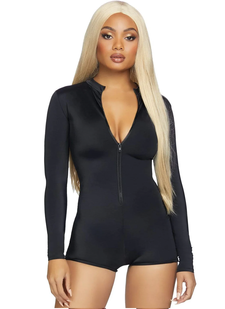 86869 Zipper Front Long Sleeved Matte Romper