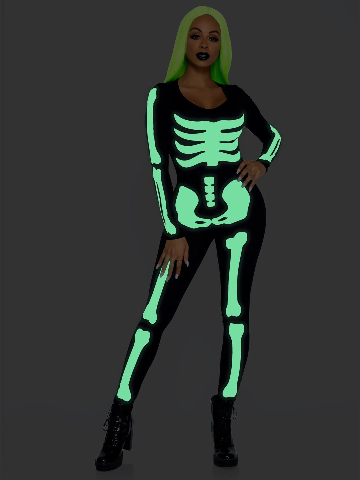 85346 Spandex Printed Glow-in-the-dark Skeleton Catsuit