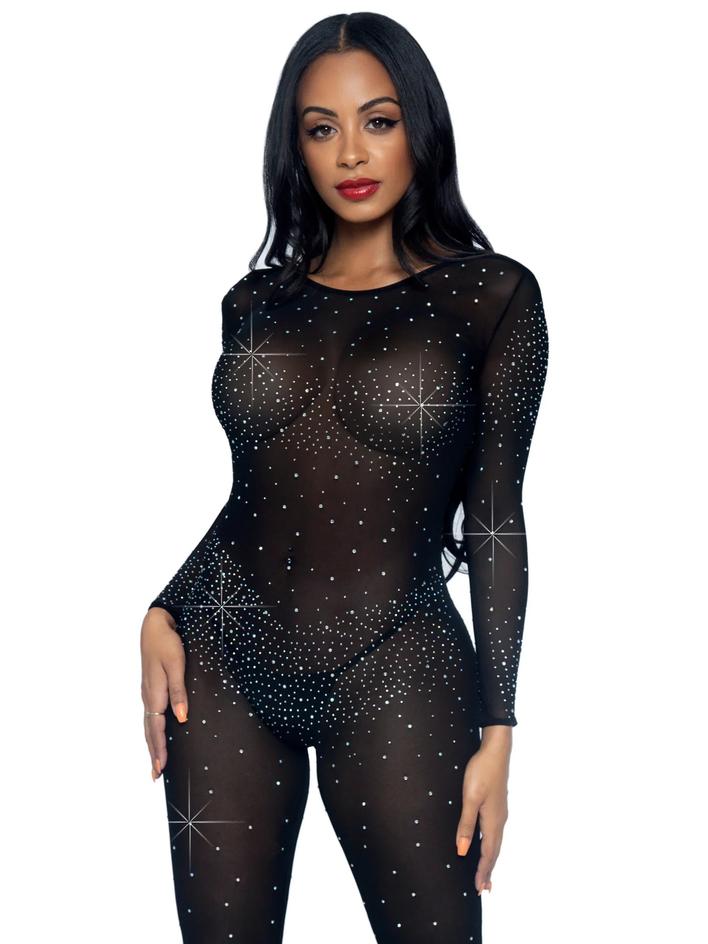 85636 Sheer Rhinestone Catsuit