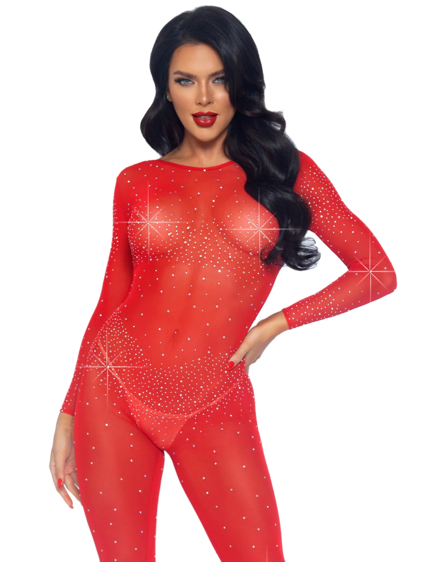 85636 Sheer Rhinestone Catsuit Rojo