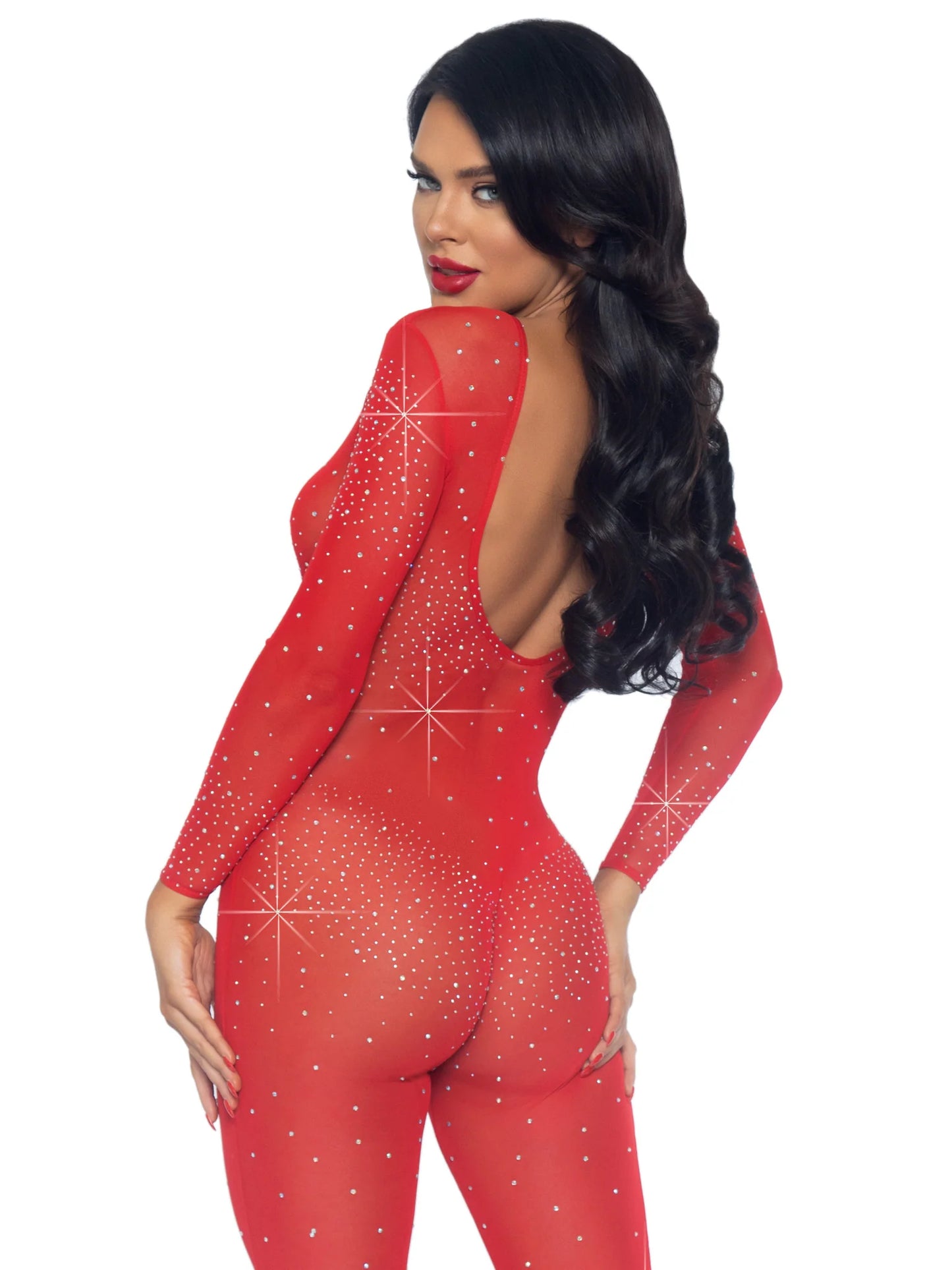 85636 Sheer Rhinestone Catsuit Rojo