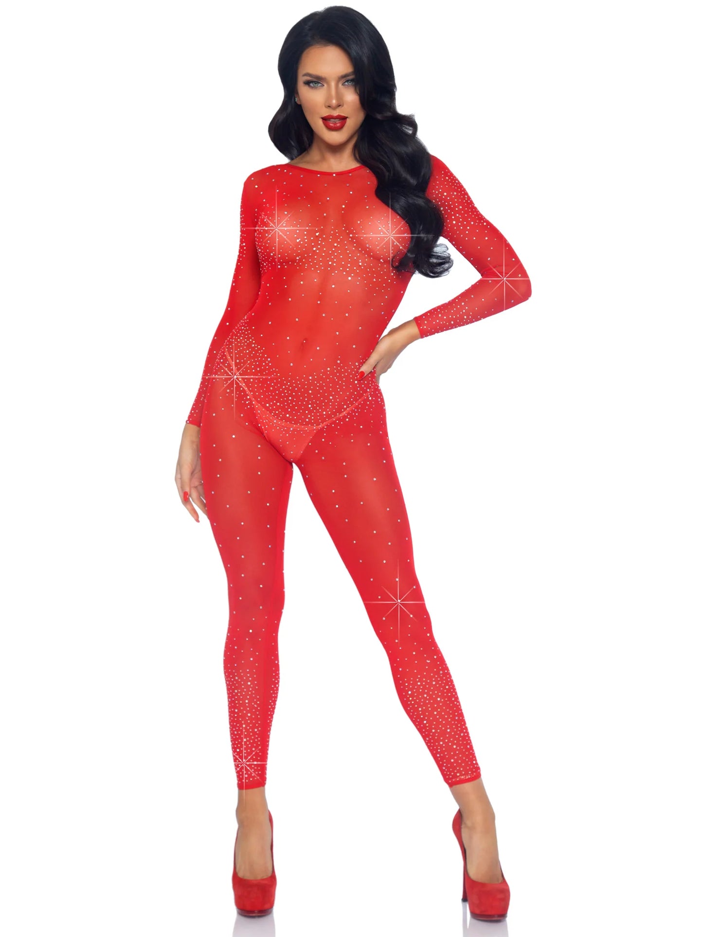 85636 Sheer Rhinestone Catsuit Rojo