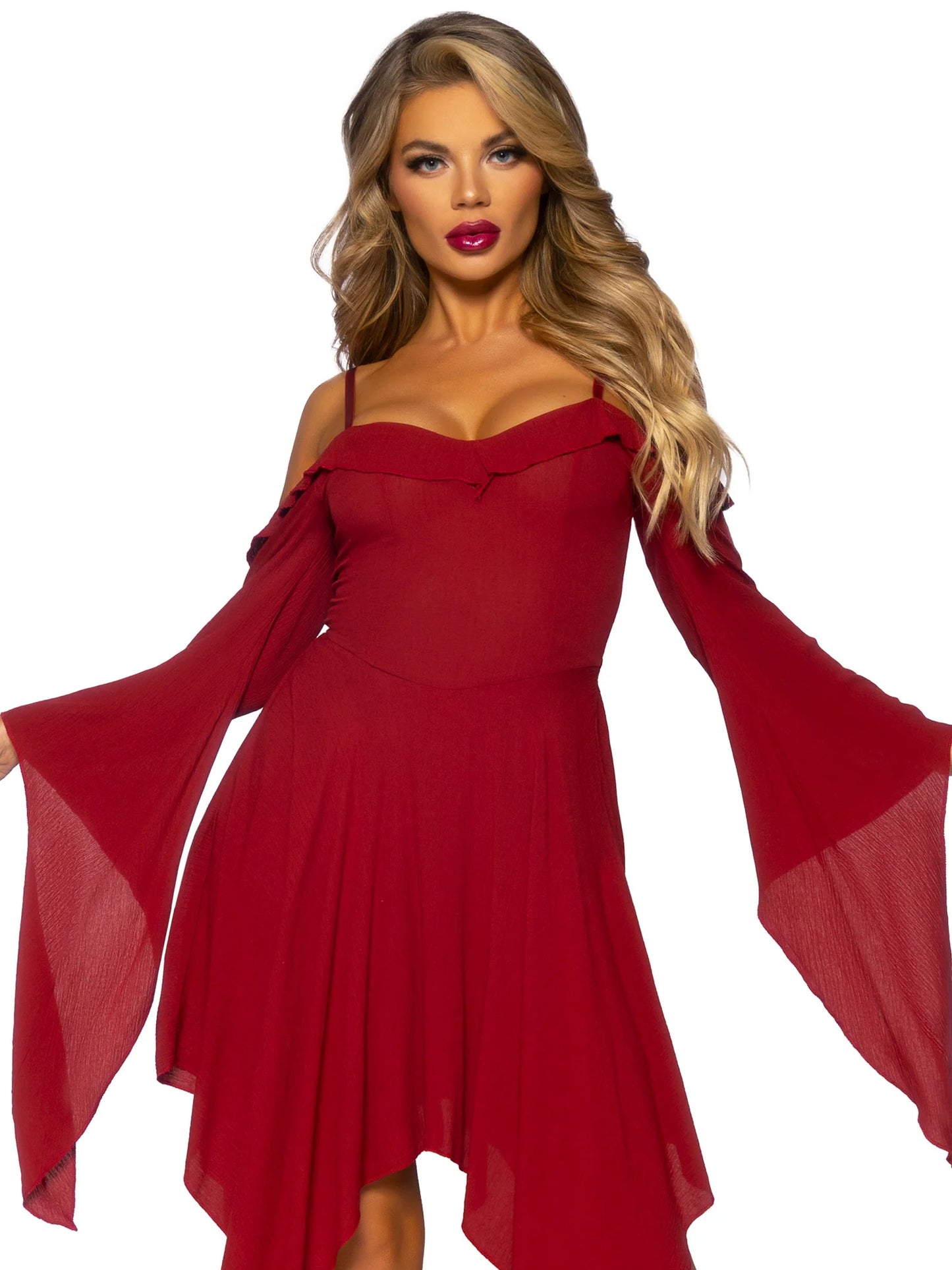 87117 Red Bell Sleeved Peasant Dress