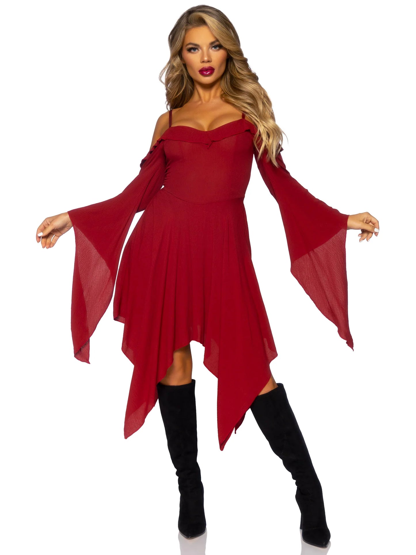 87117 Red Bell Sleeved Peasant Dress