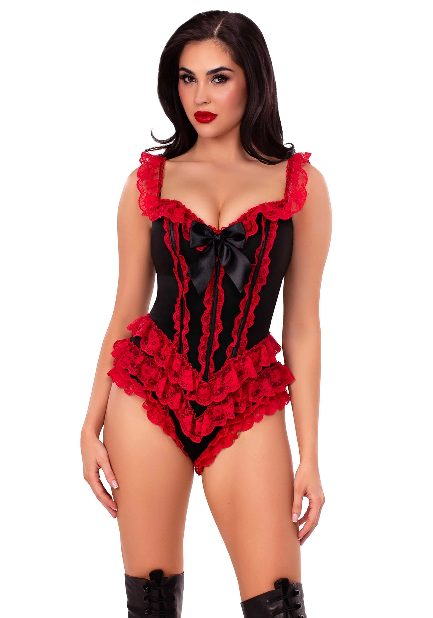 87290 Ruffle Bodysuit with Boning Black Red