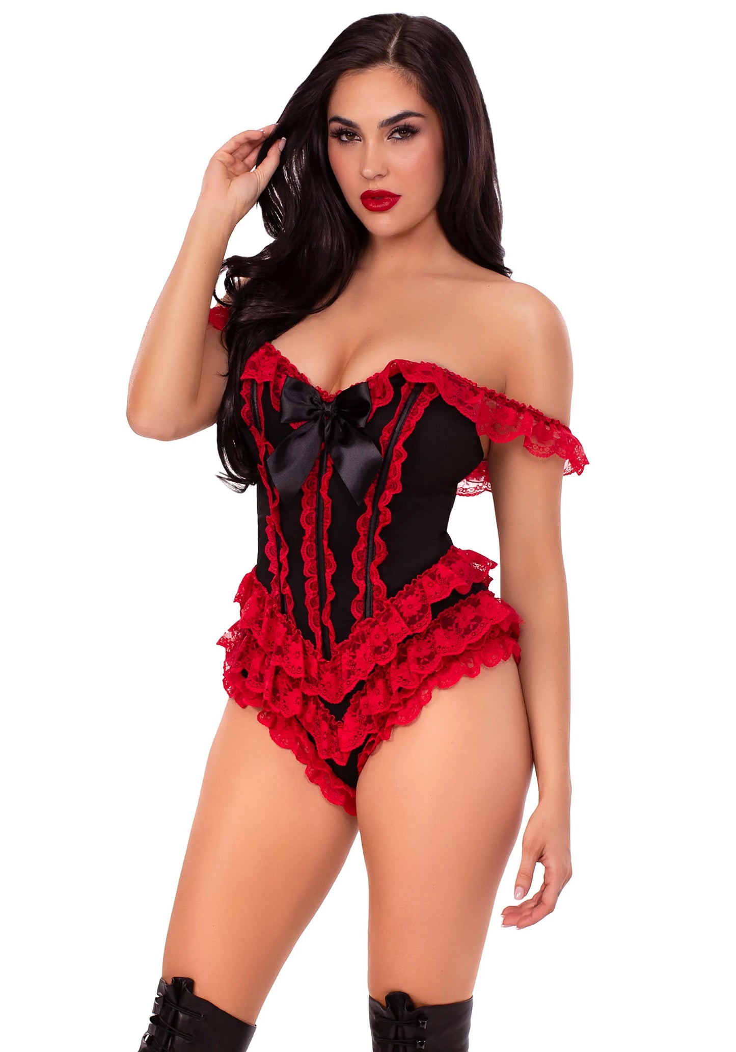 87290 Ruffle Bodysuit with Boning Black Red