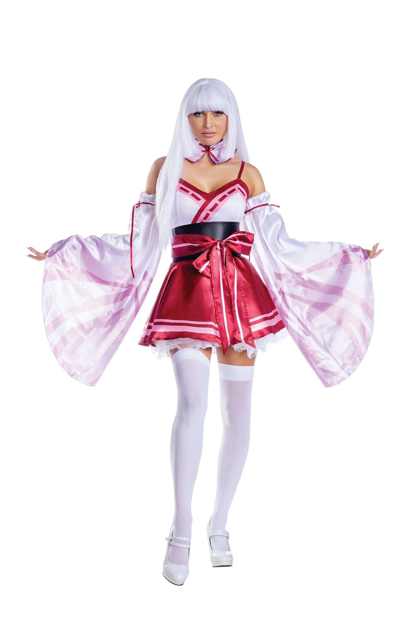 13735 Dreamgirl Sakura Shrine Maiden Satin Circle Skirt Dress with Bow Detail Women’s Costume