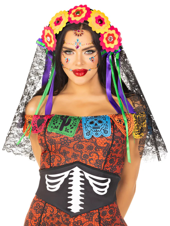 A2726 Day of the Dead Flower Headpiece with Lace Veil