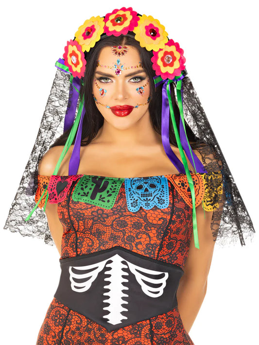 A2726 Day of the Dead Flower Headpiece with Lace Veil