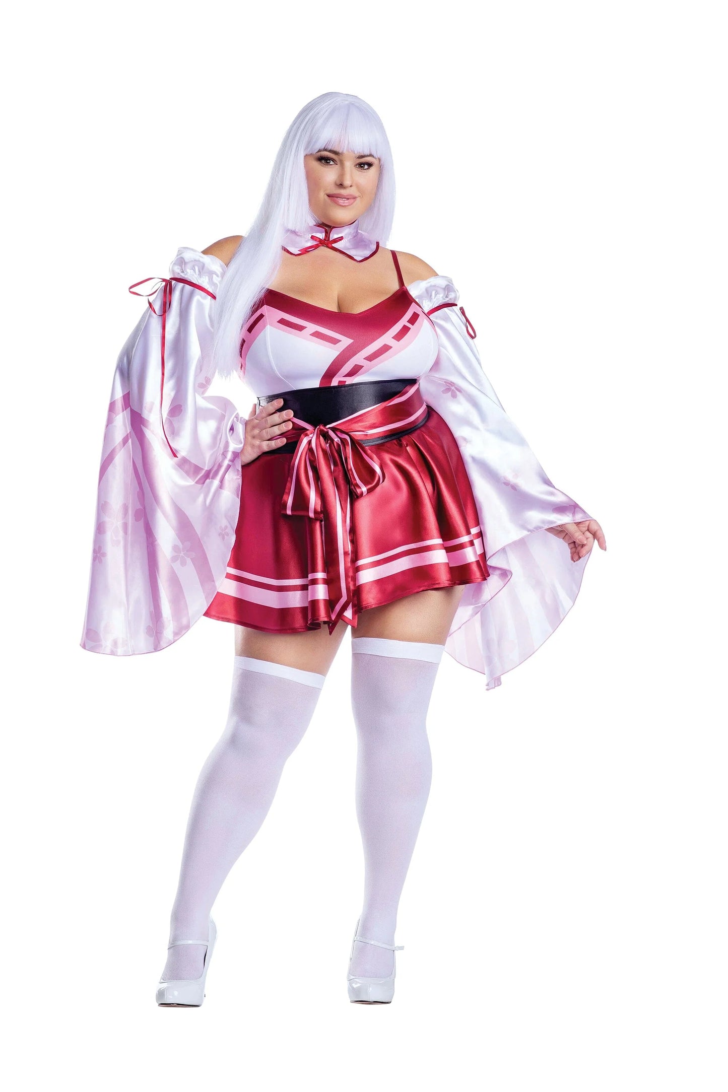 13735x Dreamgirl Sakura Shrine Maiden Satin Circle Skirt Dress with Bow Detail Women’s Costume