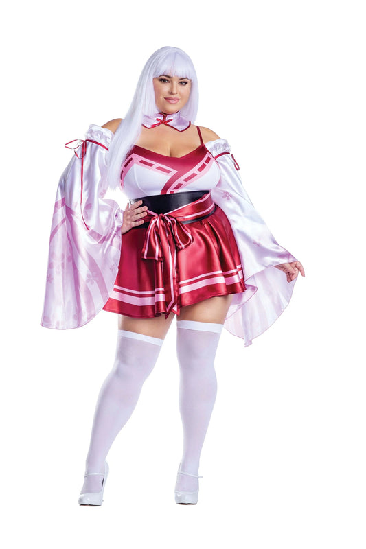 13735x Dreamgirl Sakura Shrine Maiden Satin Circle Skirt Dress with Bow Detail Women’s Costume