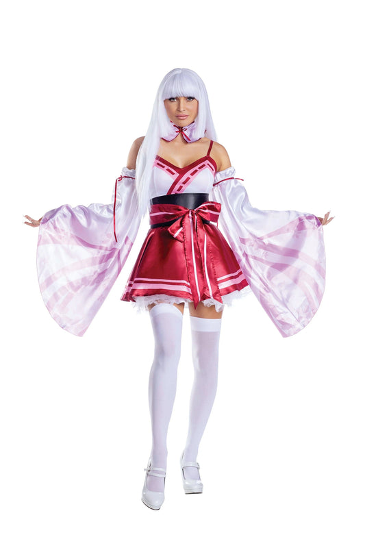 13735 Dreamgirl Sakura Shrine Maiden Satin Circle Skirt Dress with Bow Detail Women’s Costume